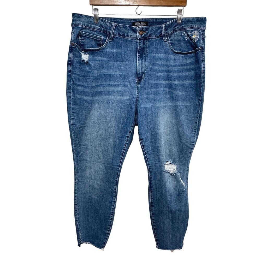 Judy Blue Dandelion Embroidered Distressed Jeans Women 24 Blue Denim Casual Boho